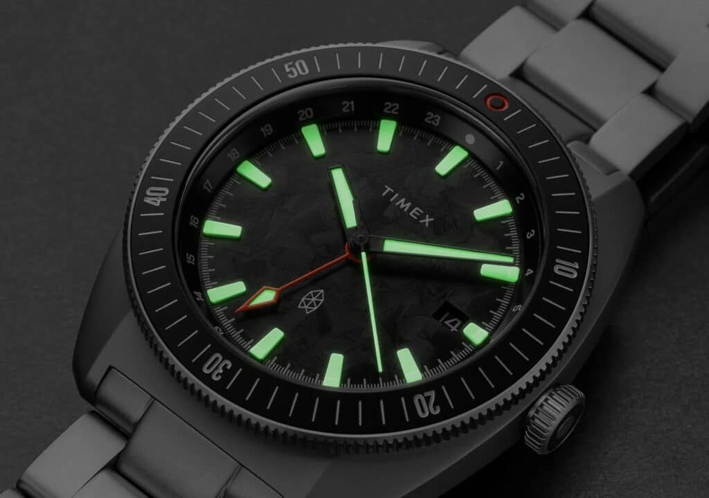 The James Brand × Timex Automatic GMT Super-luminova dial